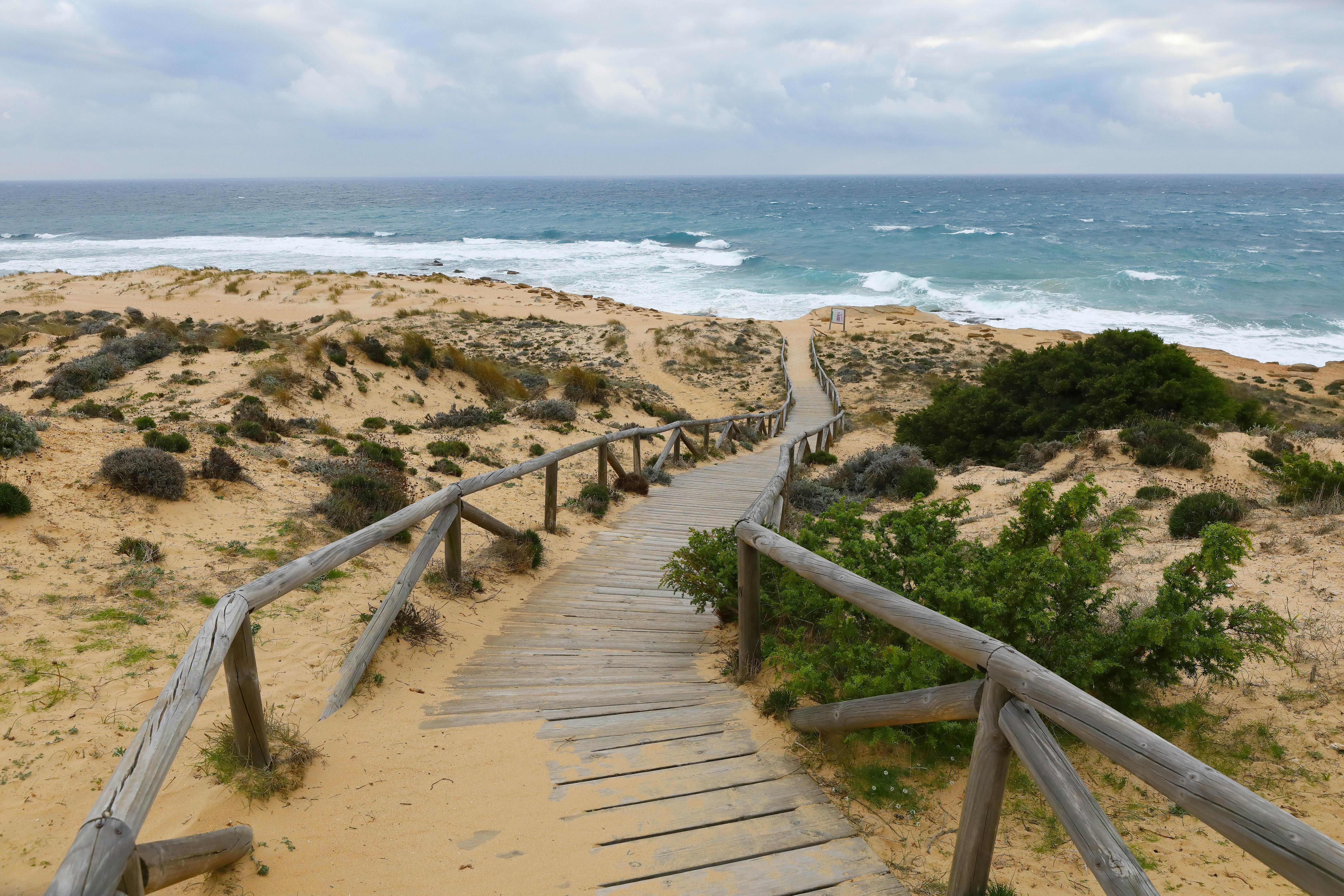 Footpath at the rough coastline of Cape Trafalgar, Province of Cádiz, Spain